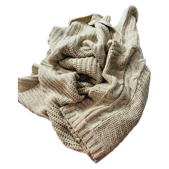 Ivory Marled Sweater L Button Cowl Neck Chunky Cable Knit Detail Oatmeal Cozy - Picture 5 of 14